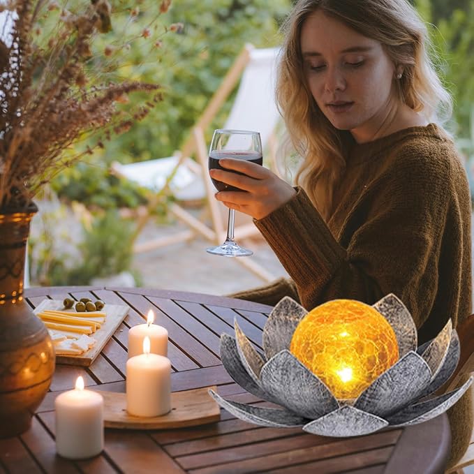 Ragyzity Lotus Solar Lights Outdoor, Bright Lotus Flower Table Lamp, Art Crackle Globe Glass Lotus Decoration, Waterproof Led Metal Flower Light Garden Table Decor for Patio Porch Pathway Lawn Pond