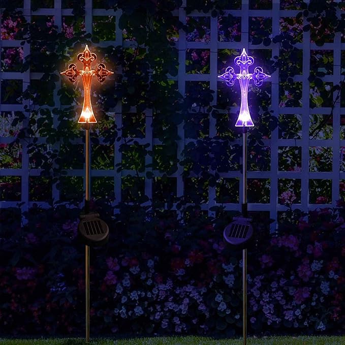 Set of 2 Cross Solar Garden Yard Landscape Path Stick LED Lights