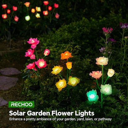 Solar Garden Lights, 6 Pack Upgraded Garden Decor LED Lights with 30 Rose Flowers, IP65 Waterproof 7 Color Changing Flowers, Outdoor Solar Lights for Garden Decorations, Gifts for Valentine's Day