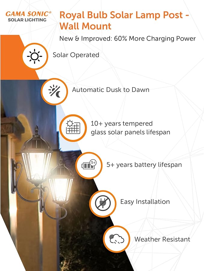 Gama Sonic Solar Outdoor Wall Light, Royal Bulb Exterior Sconce Lamp, Black Cast Aluminum, Clear Beveled Glass | Lumora