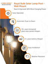 Gama Sonic Solar Outdoor Wall Light, Royal Bulb Exterior Sconce Lamp, Black Cast Aluminum, Clear Beveled Glass | Lumora