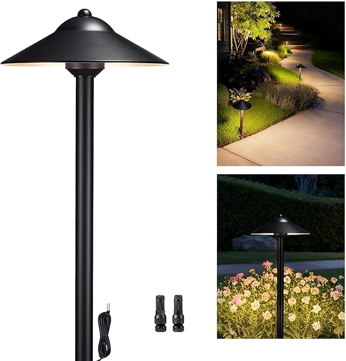 Gardenreet 12V Brass Path Light (9" Shade, 23.5" Tall) - Black Low Voltage Pathway Lights IP65 Waterproof, Wired Outdoor LED Landscape Area Lighting for Outside Garden Walkway Without G4 Bulb