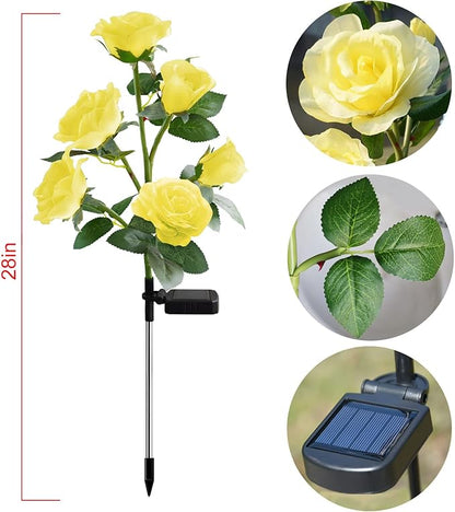 [Upgraded 6 Flowers]Solar Powered Artificial Rose Flower Lights,Waterproof Outdoor Garden Accent Lighting for Summer Country Field Yard Pathway Balcony Memorial Cemetery Gravesite Decorations, Yellow