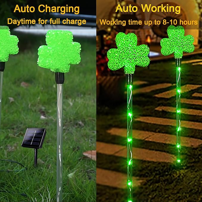 Solar Shamrocks Garden Stake Lights for St. Patrick's Day Decorations Outdoor, 8 Modes Green Lucky Clover Pathway Lights Waterproof St. Patrick's Lights for Yard Lawn Walkway Decor (6 Pack)