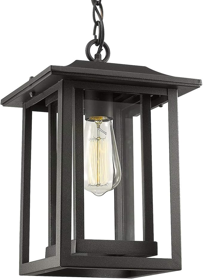 Beionxii Outdoor Pendant Light for Porch, Large Exterior Hanging Lantern Outside Chandelier Black Cast Aluminum w/Clear Glass (13.5" x 9") - A197H-1PK