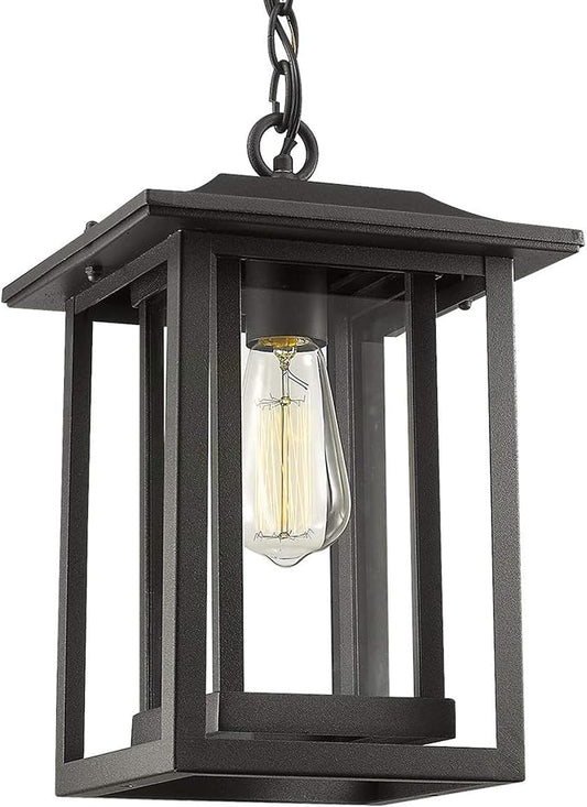Beionxii Outdoor Pendant Light for Porch, Large Exterior Hanging Lantern Outside Chandelier Black Cast Aluminum w/Clear Glass (13.5" x 9") - A197H-1PK