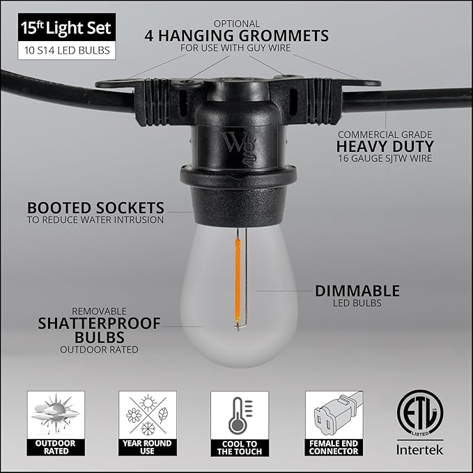 Wintergreen Lighting 15ft S14 Shatterproof Outdoor String Lights, 10 Edison Bulbs Dimmable LED Commercial Grade String Lights, Connectable, Black SJTW Wire