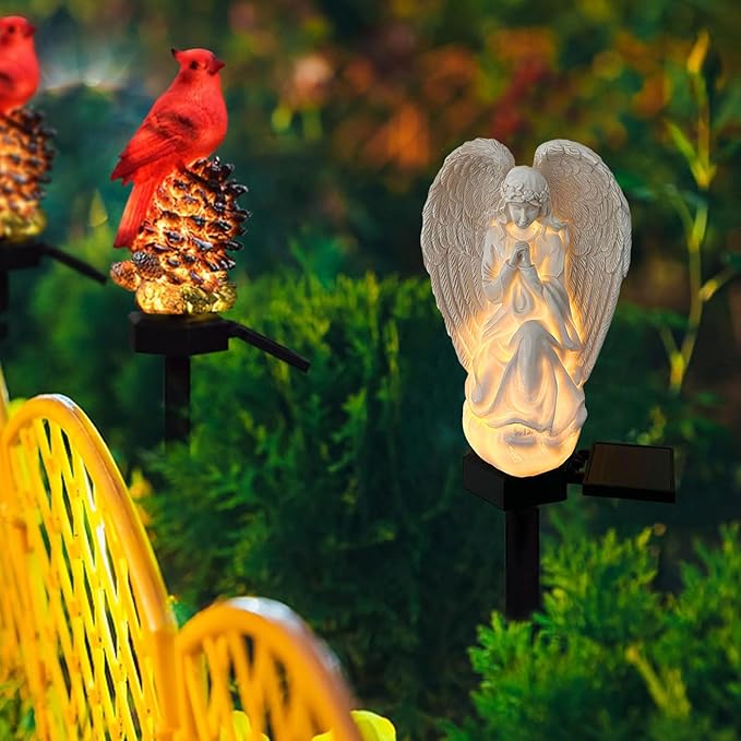 Solar Garden Angel/Cardinal Lights, Waterproof Outdoor Garden Statue Decorations Solar Lights for Cemetery Gravesite Grave Outside Yard Patio Lawn Porch
