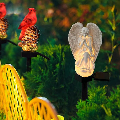 Solar Garden Angel/Cardinal Lights, Waterproof Outdoor Garden Statue Decorations Solar Lights for Cemetery Gravesite Grave Outside Yard Patio Lawn Porch