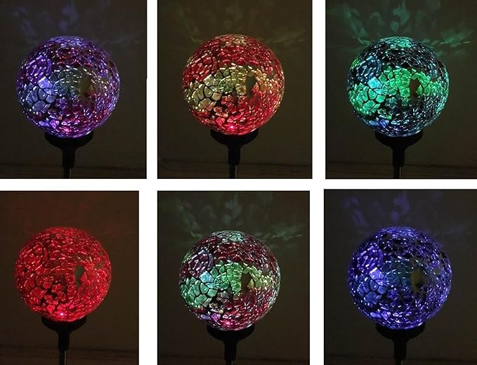 Colorful Ball Solar Lights (#Whitem005Y), Solar Power Multi-color Color Changing LED Mosaic Crackle Glass Ball Decorative Garden Yard Light Stake Lamp
