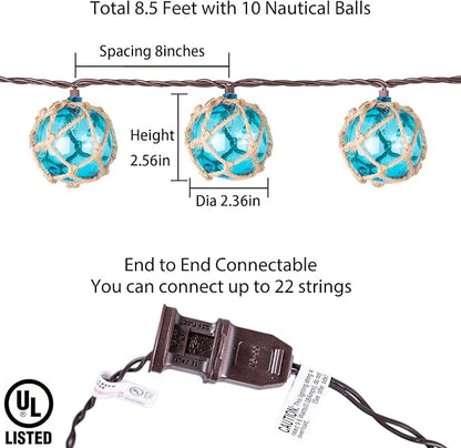 Decorative String Lights Plug in with 10 Incandescent Bulbs, Nautical Fishing Float String Lights Connectable Weatherproof for Indoor Home Tiki Bar Decor and Outdoor Patio Decorations (Aqua Blue)