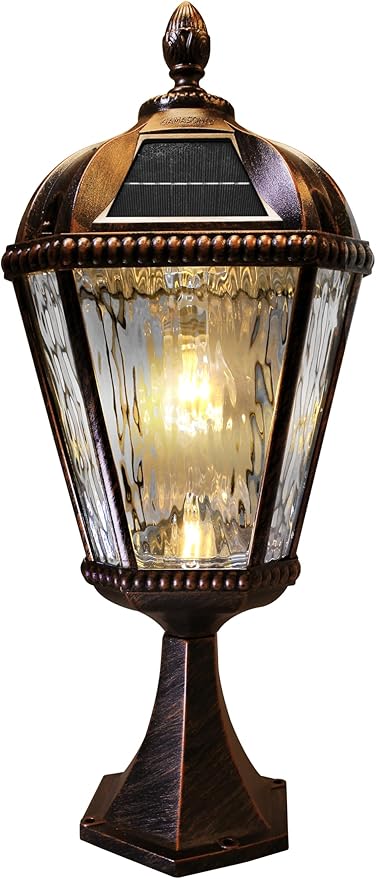 Gama Sonic Outdoor Solar Post Light with Pier Base, Brushed Bronze Finish Aluminum and Rain Glass, Royal Bulb 150 | Lumora