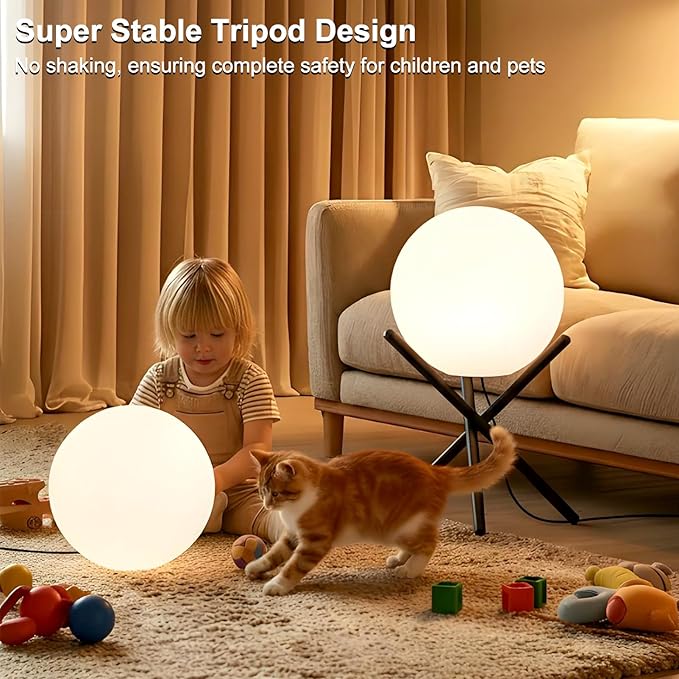 Lightdot Outdoor Floor Lamp, 12-Inch LED Ball Light with Milky White Waterproof Shade - 10W 3000K Corn Globe Floor Lamps with Stable Black Tripod Base, for Patio Garden Living Room, Bedroom, Plug&Play