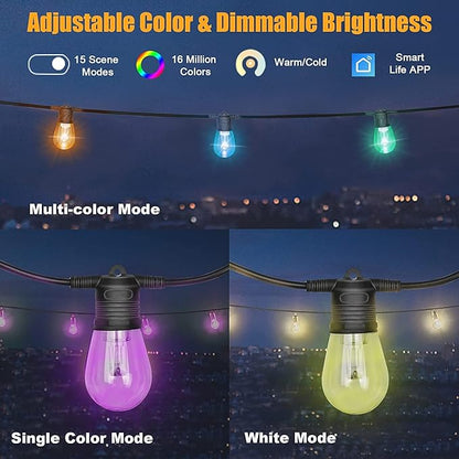 2023 Upgraded Outdoor String Lights, DIY Color Changing RGB Bright Smart Light 50ft Work with Alexa & Remote for Party, IP65 Waterproof Outside Patio String Light with 15 Dimmer LED Bulbs
