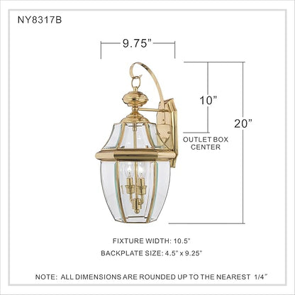 Quoizel Newbury Outdoor Wall Lantern, 20 Inch 2-Light Polished Brass Wall Sconce, French Country Exterior Wall Lantern Fixture, E12 Base, Clear Glass, Outside Lights for Patio, Porch, Garage or Yard