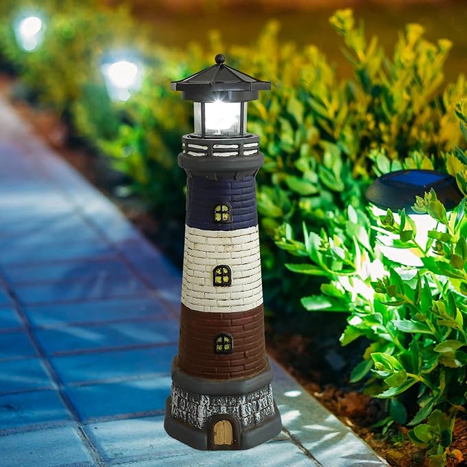 GANAZONO Solar Lighthouse Garden Lights Outdoor Waterproof Resin Lighthouse Statue Lamp for Patio Yard Lawn Landscape Decoration