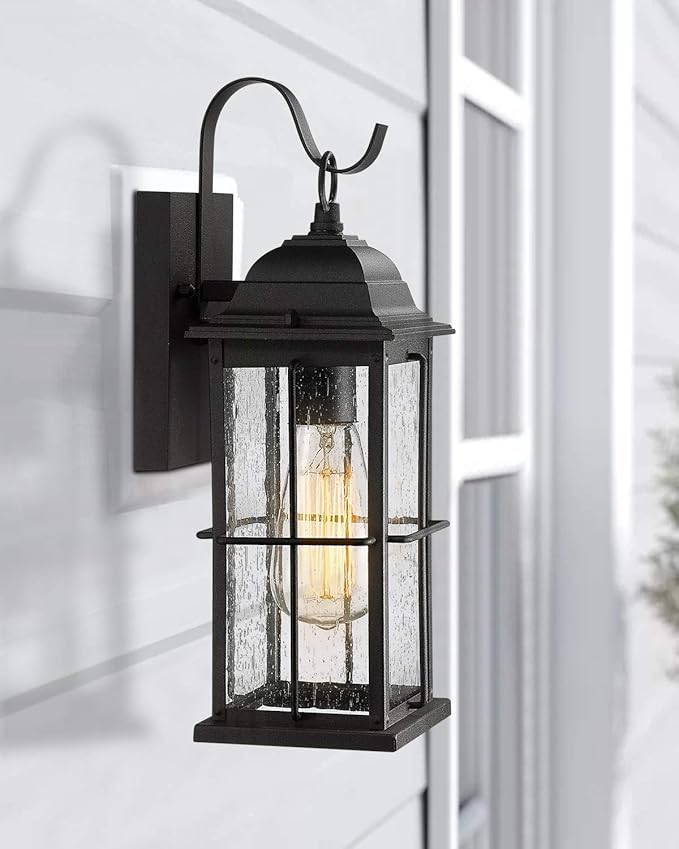 zeyu 1-Light Outdoor Wall Sconce Lantern, 14 inch Exterior Light Fixtures Wall Mount in Black Finish with Seeded Glass Shade, 20071B1