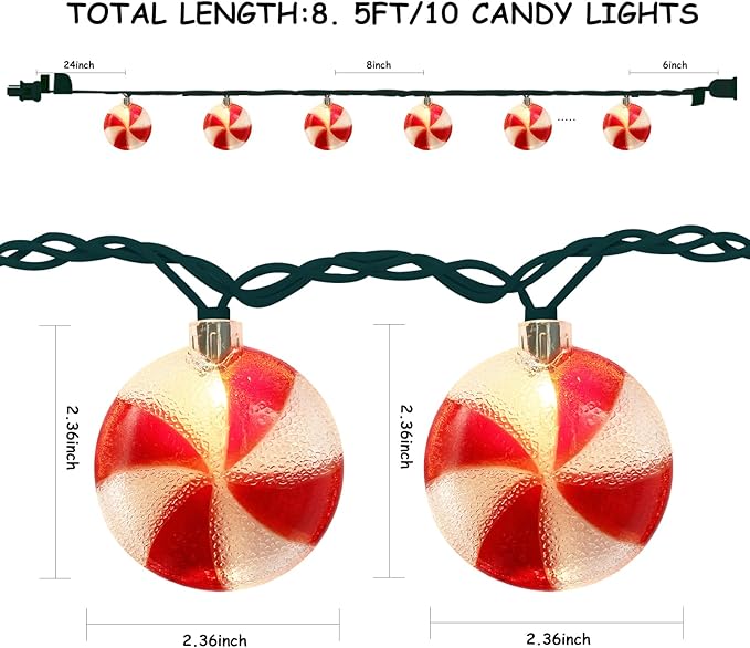 Christmas Candy Lights, 8.5Ft Christmas Decorations String Lights with 10 Red White Peppermint Candy Lights, Hanging Christmas Candy Fairy Lights for Xmas Outdoor Party Birthday Window Bedroom Decor