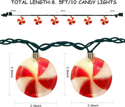 Christmas Candy Lights, 8.5Ft Christmas Decorations String Lights with 10 Red White Peppermint Candy Lights, Hanging Christmas Candy Fairy Lights for Xmas Outdoor Party Birthday Window Bedroom Decor