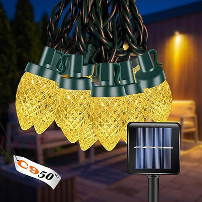 C9 Solar Powered LED Christmas String Lights 50 LED Waterproof Strawberry Light with 8 Mode Green Wire Lighting for Outside Patio Wedding Party Decor