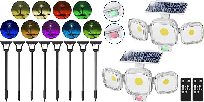 CINOTON 8 Pack RGBCW Solar Pathway Outdoor Lights and Solar Motion Sensor Outdoor Lights White2 Pack