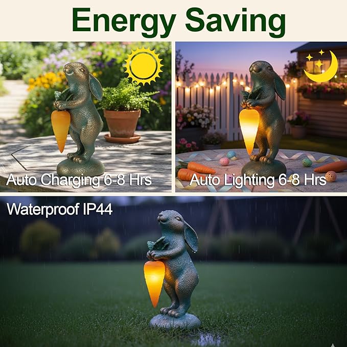 PETAFLOP Solar Garden Rabbit Statue Decor, Easter Bunny Figurine for Patio Yard Balcony Outdoor Home, Birthday Housewarming Gifts for Mom Grandma