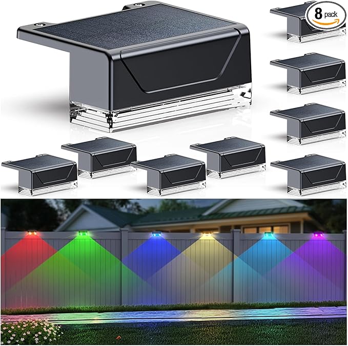 8PK Solar Fence Lights Outdoor - Warm White & RGB 6 Color, Dusk to Dawn Deck Light, IP65 Waterproof Garden Lights for Outside/Backyard/Railing/Step/Patio/Wall