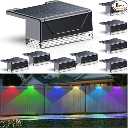 8PK Solar Fence Lights Outdoor - Warm White & RGB 6 Color, Dusk to Dawn Deck Light, IP65 Waterproof Garden Lights for Outside/Backyard/Railing/Step/Patio/Wall