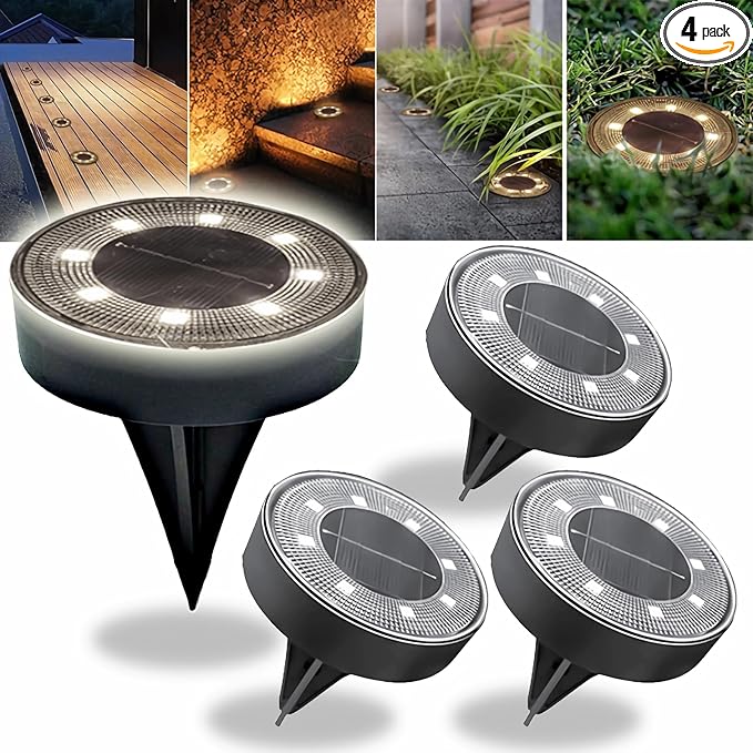 Solar Ground Lights Outdoor Waterproof IP68, 4 Pack 8 LED In Ground Solar Disc Landscape Lighting, Garden Lights | Lumora