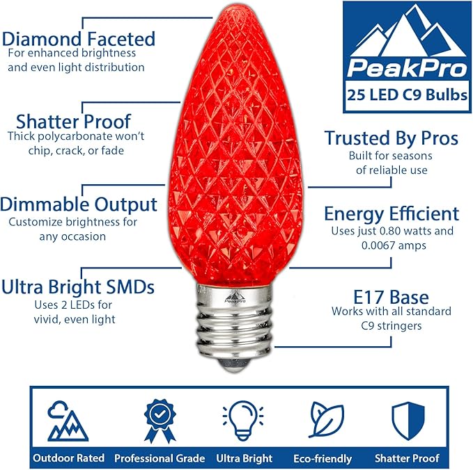 Novelty Lights 250CT C9 LED Faceted Ultra Bright Dimmable Outdoor Christmas Light Replacement Bulbs - Decorative | Lumora