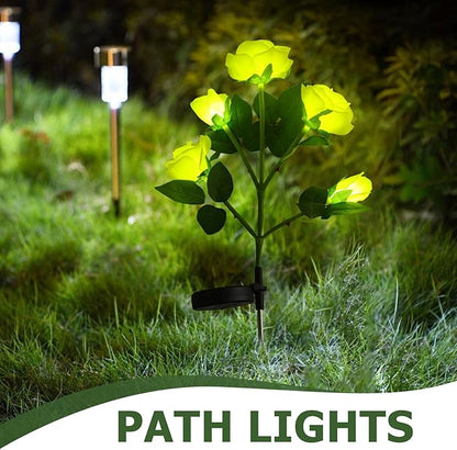 Cabilock 2pcs Solar Garden Flower Lights Outdoor Solar-Powered Yellow Rose Lamp with 5 Heads, Waterproof Landscape Pathway Lawn Stake Lights for Patio and Yard Decor