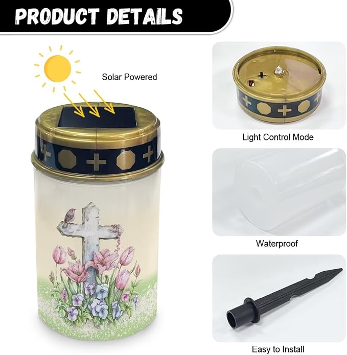 Garden Decor Solar Light Outdoor Stake Patio Yard Lawn Porch Pathway Grave Cross Solar Lights for Cemetery Christmas Outside Waterproof Decorations