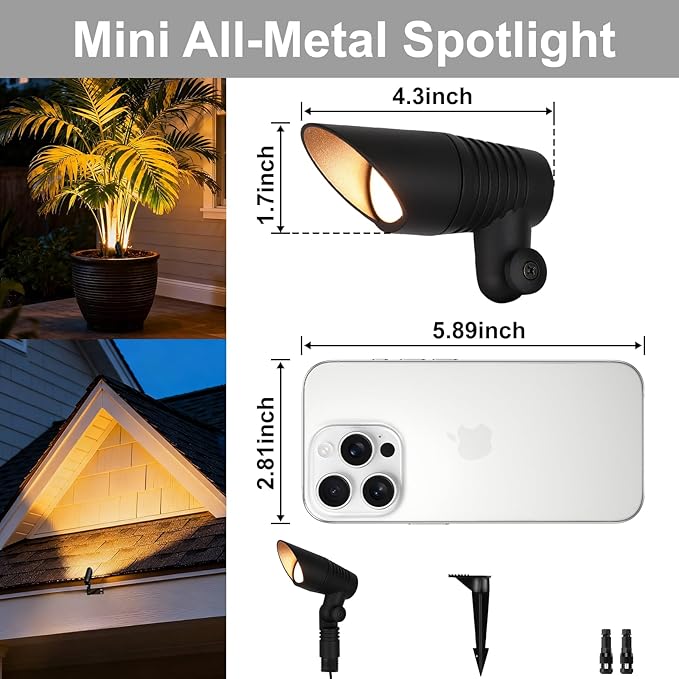 Mini Low Voltage Spot Lights Outdoor, 5W 12V LED Landscaping Spot Lights Wired for Outdoor Uplighting Yard Garden Tree House, 60° Beam Angle, 2200K/2700K/3000K/4000K /5000K, Black, 1PK