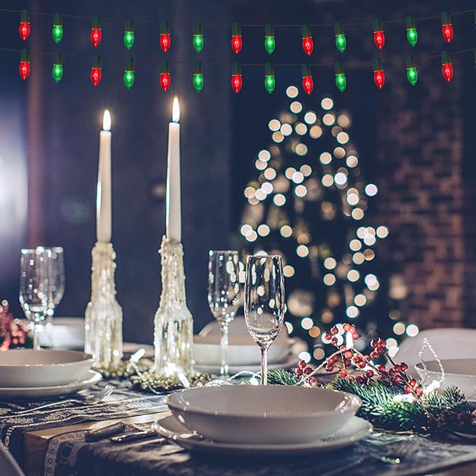 25FT C9 Red & Green Vintage Christmas Lights Outdoor, Waterproof Outdoor Hanging Xmas Lights with 26 Incandescent | Lumora
