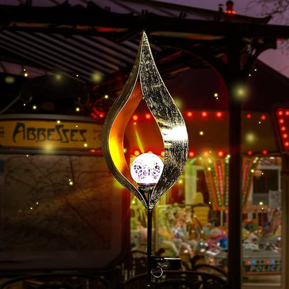 Outdoor Solar Lights Garden, Flame Crackle Glass Globe Stake Metal Waterproof LED Lights for Pathway, Lawn, Patio, Courtyard, Backyard