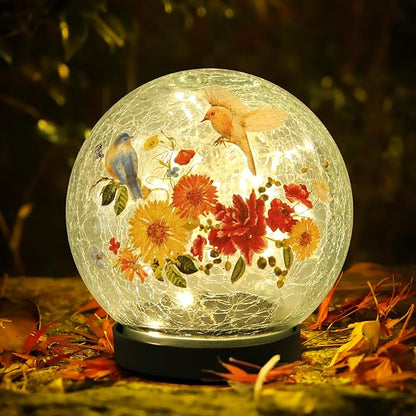 Solar Globe Lights Outdoor Waterproof, Cracked Glass Ball Orb Lights, Waterproof Globes for Garden Pathways, Patio Decor & Backyard Landscaping, Round Ornaments Orbs (Red-Yellow Flower)