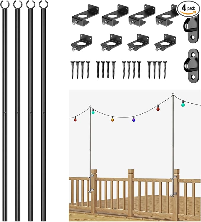 4 Pack 6.5FT Stainless Steel String Lights Pole Bracket/Holder with 2 Wall Hooks for Deck Railing Wood Posts (Black) | Lumora