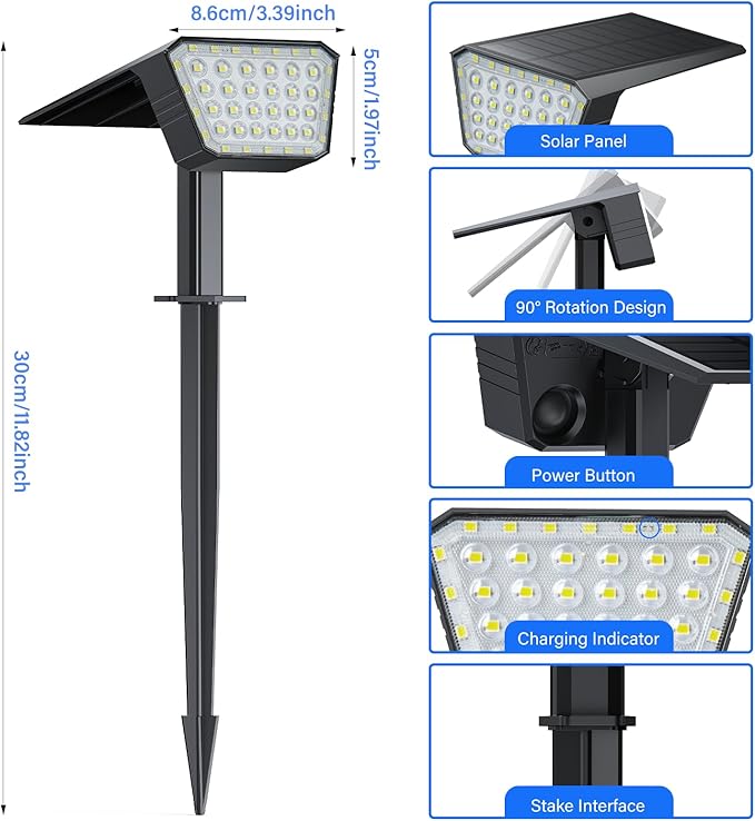 Solar Spot Lights Outdoor, IP65 Waterproof 44 LED Landscape Spotlights, Solar Powered Spotlight with Auto On/Off and 3 Lighting Modes for Outside Garden Decor, 4 Pack (Cool White)