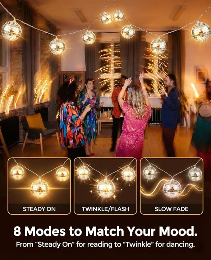 AceList Disco Ball String Lights with Removable Red Bows, 20 LED 1.6" Large Mirror Balls, 8 Modes Waterproof Battery Box/USB Fairy Lights for Christmas Tree, 70s Party, Bedroom, Outdoor Camping