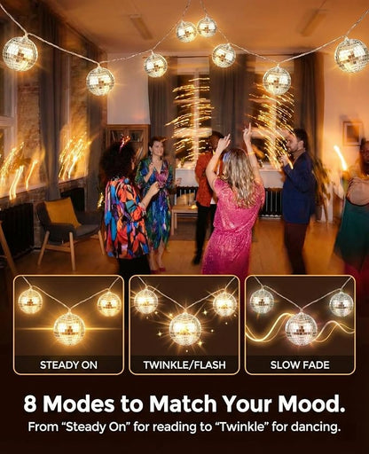 AceList Disco Ball String Lights with Removable Red Bows, 20 LED 1.6" Large Mirror Balls, 8 Modes Waterproof Battery Box/USB Fairy Lights for Christmas Tree, 70s Party, Bedroom, Outdoor Camping