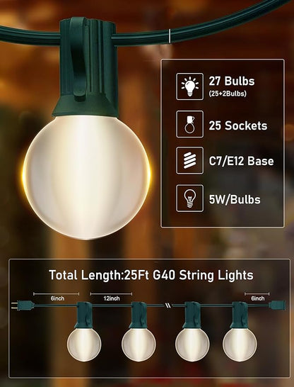 25FT Outdoor String Lights with 27 Frosted White Bulbs, G40 Globe Patio String Lights for Indoor/Outdoor, Connectable Hanging Lights for Backyard Porch Balcony Party Decor - Green Wire