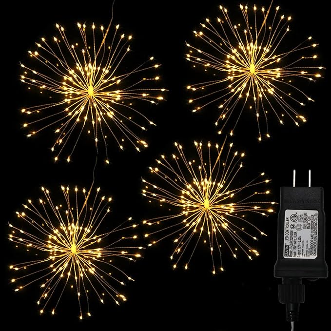 4 Pack 480 LED Firework Copper Wire Lights, Fairy Twinkle Lights Plug in String Lights 8 Modes Waterproof Starburst Lights for Christmas, Birthday, Bedroom, Corridor Patio, Garden, Wedding