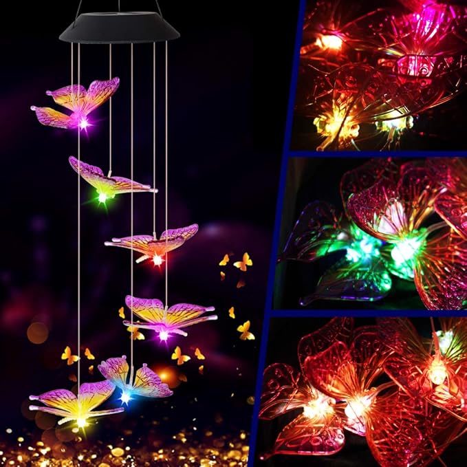 Solar Butterfly Wind Chime Color Changing Outdoor Garden Decorative Lights for Walkway Pathway Backyard Christmas Decoration Parties (Purple, 25x5x5 inches)