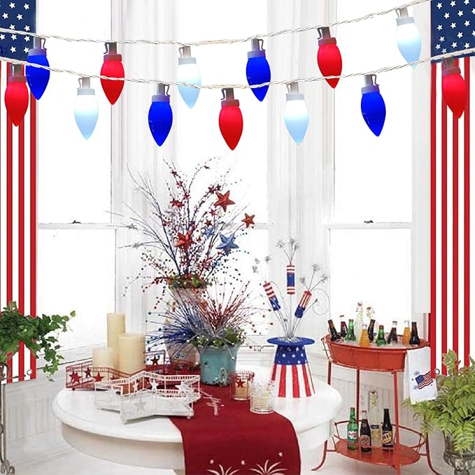 Red White and Blue Lights C9 25Ft 4th of July Decorations with 25 LED Patriotic String Lights, Plug-in Christmas Light for Home Presidents Day Memorial Day Fourth July Christmas Decor