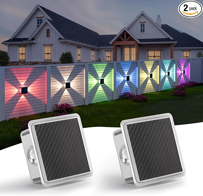 Solar Powered Outdoor Lights, IP65 Waterproof RGB & Warm White Color Changing LED Lights, Efficient Battery for Patio, Stairs, Fence, Yard, Pathway & Garden Decoration, 4-Sided Illumination