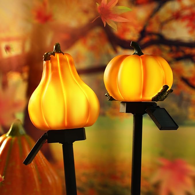 2 Pcs Fall Solar Lights Pumpkin Outdoor Thanksgiving Halloween Decoration Waterproof Light up Pumpkin Yard Sign for Fall Harvest Decor Porch Garden Lawn(Orange)