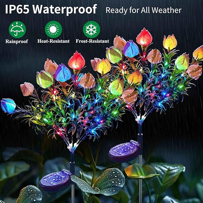 Solar Garden Lights, 7 Heads Gardenia Colorful Flower Light Waterproof Solar Outdoor Lights for Yard Pathway Decor, Two Lightning Modes, 2 Pack Pink