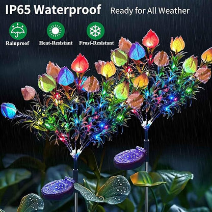 Solar Garden Lights, 7 Heads Gardenia Colorful Flower Light Waterproof Solar Outdoor Lights for Yard Pathway Decor, Two Lightning Modes, 2 Pack Pink