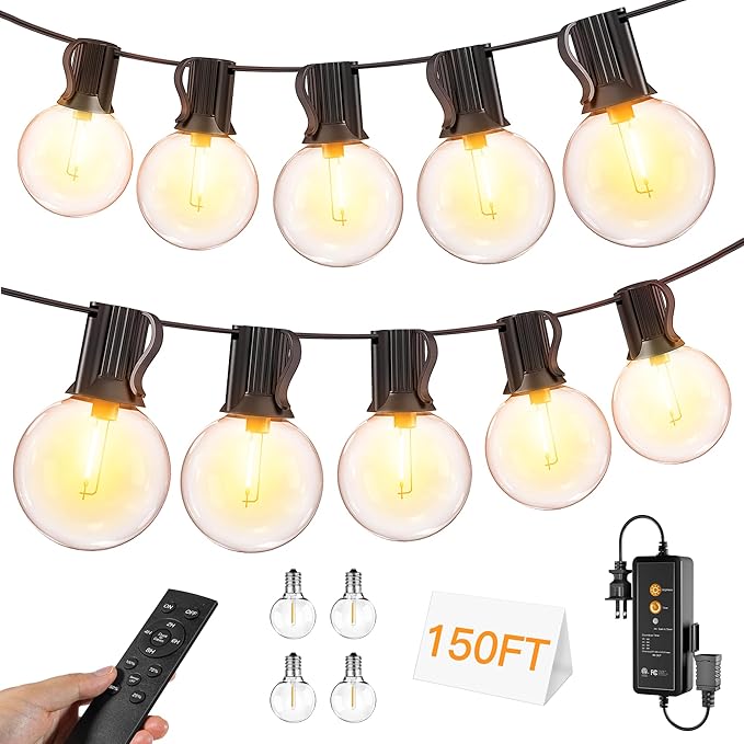 Outdoor String Lights 150FT with Remote Dimmer, G40 Globe LED Patio Lights with 75 Edison Plastic Bulbs(4 Spare), Waterproof Hanging Lights for Backyard Balcony Yard Deck Garden Party