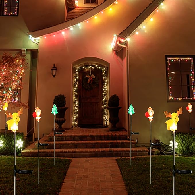 MAGGIFT 3 Pack Solar Christmas Garden Stake Lights, Solar Powered Santa Claus, X-mas Tree & Reindeer Outdoor Decorative Lights, Warm White LED Landscape Lighting, Waterproof for Patio Yard Decorations